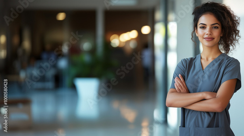 Smiling Latina nurse wearing gray scrubs in a bright and inviting hospital hallway Free Download Smiling Latina nurse wearing gray scrubs in a bright and inviting hospital hallway - GFXLoad