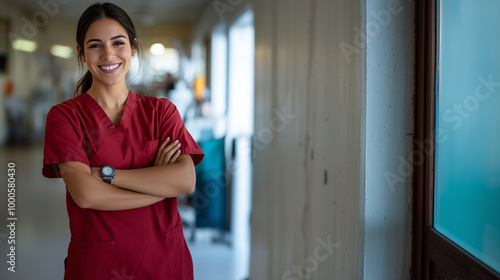  Smiling latina nurse in red scrubs in a bright and inviting hospital environment with copyspace for marketing or ads