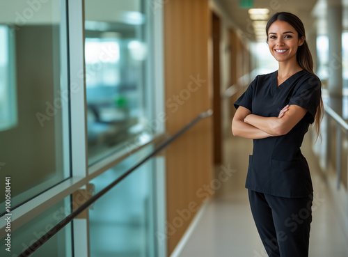  Smiling latina nurse in black scrubs in a bright and inviting hospital environment with copyspace for marketing or ads