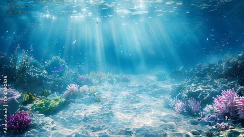 Naklejka premium Captivating Underwater Seascape with Vibrant Coral Reef and Sunlight Beams