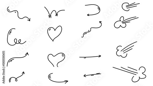 Line movement element, emotion effect decoration icon. Hand drawn doodle line element arrow, emphasis, wind, sparkle. Anime emotion, express shape, hearts, sets. banner, cover, poster. Vector illustra