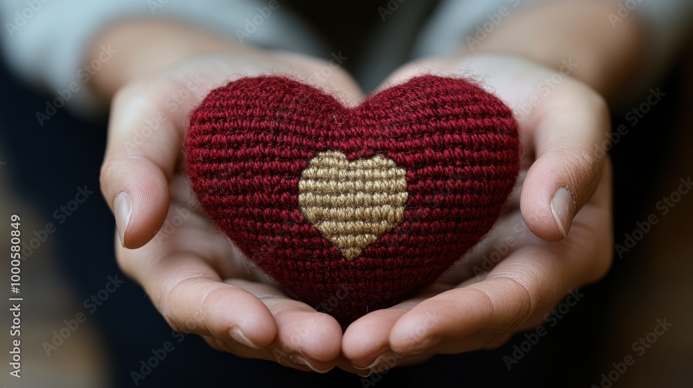 A Hand Gently Holds a Small Red Knit Heart With a Yellow Knit Heart in the Center A Hand Gently Holds a Small Red Knit Heart With a Yellow Knit Heart in the Center