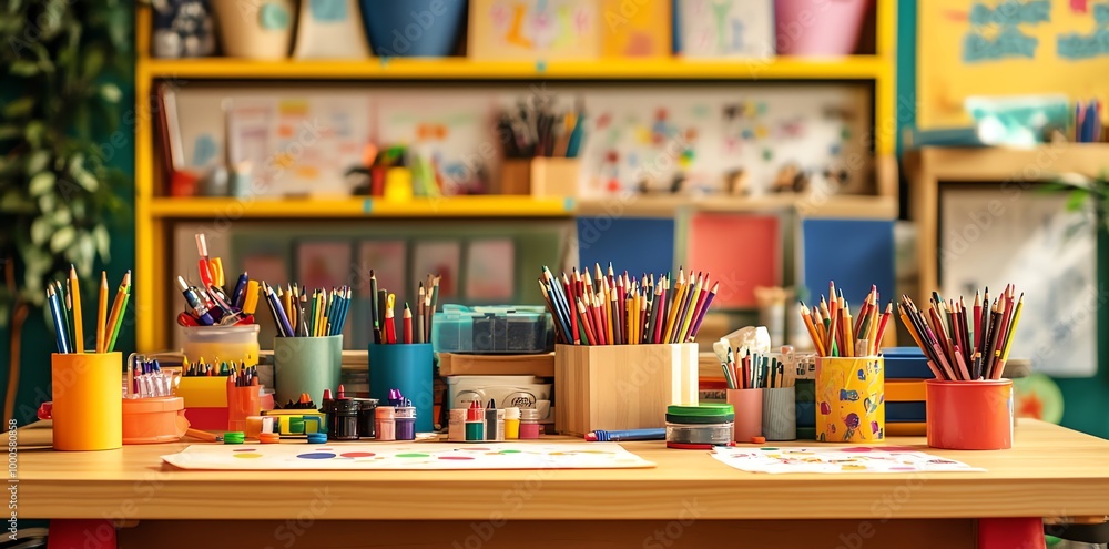 A desk in a classroom with art supplies. There are various colored pencils, markers, and paints. A desk in a classroom with art supplies. There are various colored pencils, markers, and paints.