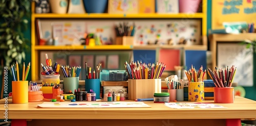 Wallpaper Mural A desk in a classroom with art supplies. There are various colored pencils, markers, and paints. Torontodigital.ca