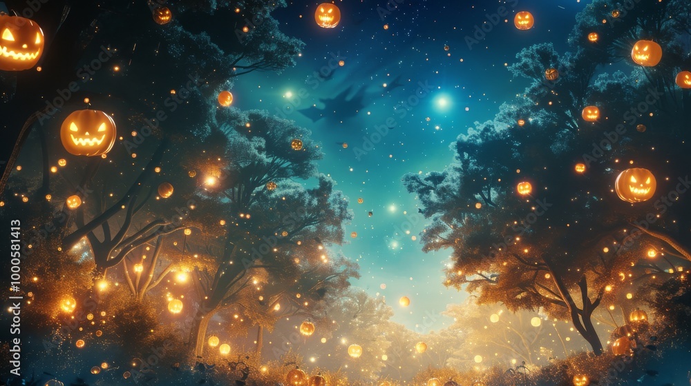 Fototapeta premium A magical scene of an enchanted forest at night, where glowing jack-o'-lanterns float among the trees. The soft light from the pumpkins creates a whimsical and eerie ambiance, perfect for Halloween.