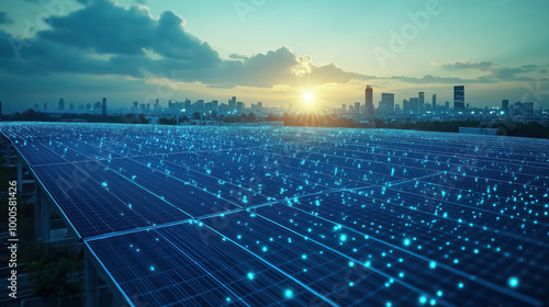 Close up Solar cell panel plant on the green nature field with sunset sky background. photo