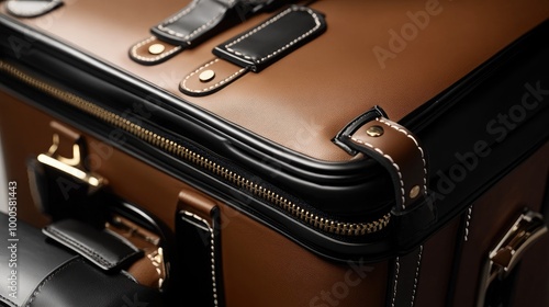 A close-up of a luxury luggage set, with smooth leather, polished zippers, and a matching carry-on beside it.