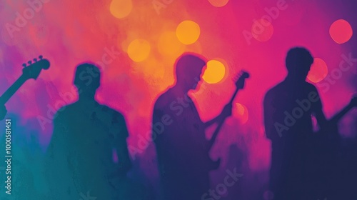 Silhouettes of musicians performing against a colorful, blurred background filled with vibrant lights, creating a lively and energetic atmosphere.