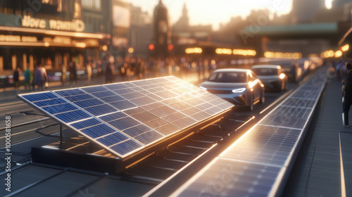 Solar panels integrated into a busy city street, capturing sunlight and coexisting with vehicular traffic in an urban, sustainable energy initiative.