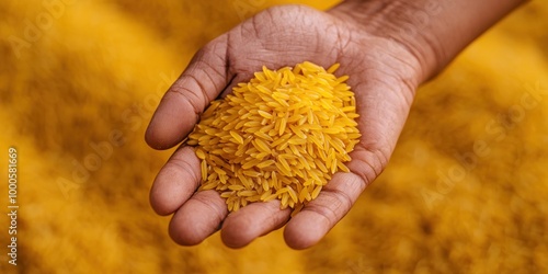 A hand holds a mound of yellow rice against a blurred yellow background, showcasing the texture and color of the grains.