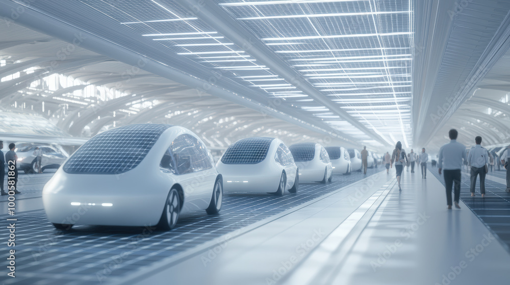 Futuristic automated vehicles travel in a sleek, high-tech transportation hub, with people walking alongside, showcasing advanced technology and design. Futuristic automated vehicles travel in a sleek, high-tech transportation hub, with people walking alongside, showcasing advanced technology and design.