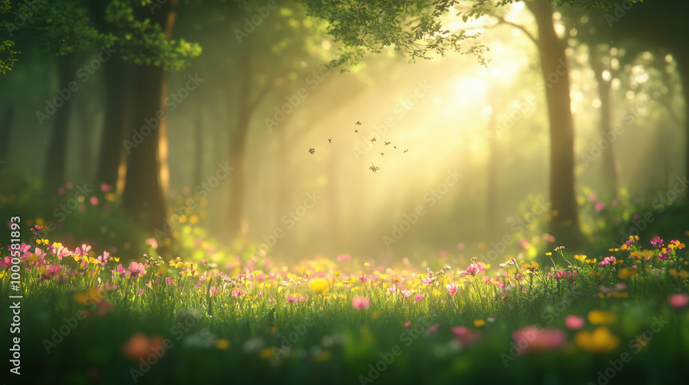 A sunlit forest clearing with blooming wildflowers and tall trees, illuminated by soft golden rays filtering through the canopy, creating a peaceful and magical atmosphere. A sunlit forest clearing with blooming wildflowers and tall trees, illuminated by soft golden rays filtering through the canopy, creating a peaceful and magical atmosphere.