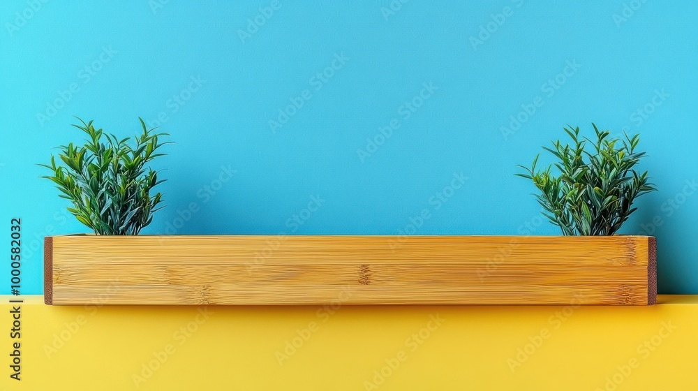 A wooden shelf with two small potted plants sits atop a yellow surface against a bright blue wall. A wooden shelf with two small potted plants sits atop a yellow surface against a bright blue wall.