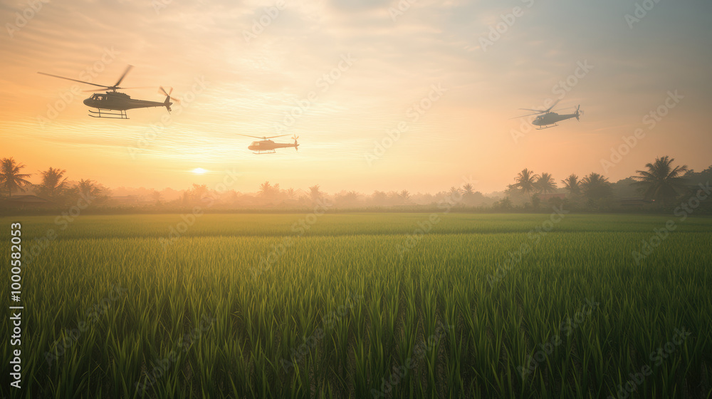 Vietnamese village where life continues despite the backdrop of war. Local villagers farm rice fields as helicopters pass in the distance. The scene shows resilience and the enduring spirit of the peo Vietnamese village where life continues despite the backdrop of war. Local villagers farm rice fields as helicopters pass in the distance. The scene shows resilience and the enduring spirit of the peo