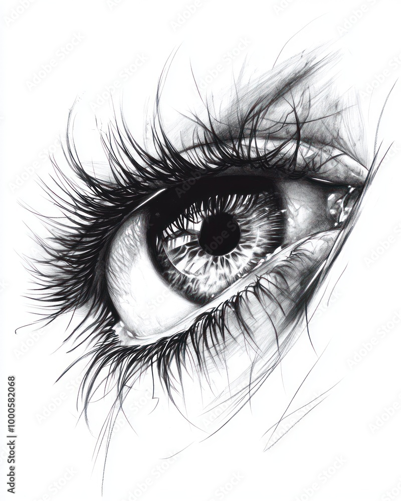 Fototapeta premium A detailed black and white drawing of a human eye with long eyelashes.