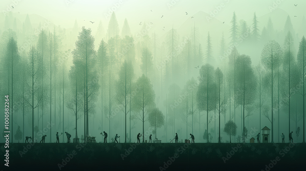 Silhouettes of people engage in various activities amidst tall, misty trees in a tranquil forest setting, evoking a sense of peace and community. Silhouettes of people engage in various activities amidst tall, misty trees in a tranquil forest setting, evoking a sense of peace and community.