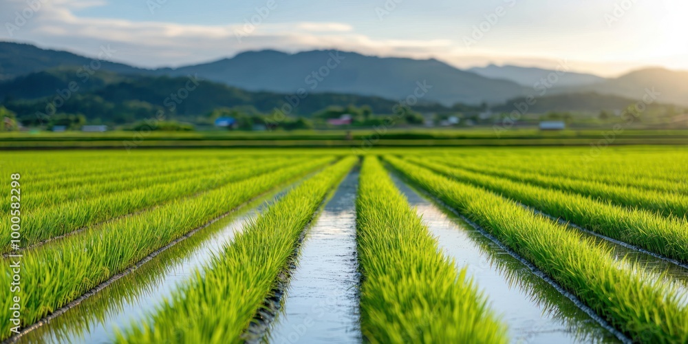 A vibrant landscape featuring lush green rice fields with water channels, set against a backdrop of mountains and a serene sky during sunset. A vibrant landscape featuring lush green rice fields with water channels, set against a backdrop of mountains and a serene sky during sunset.