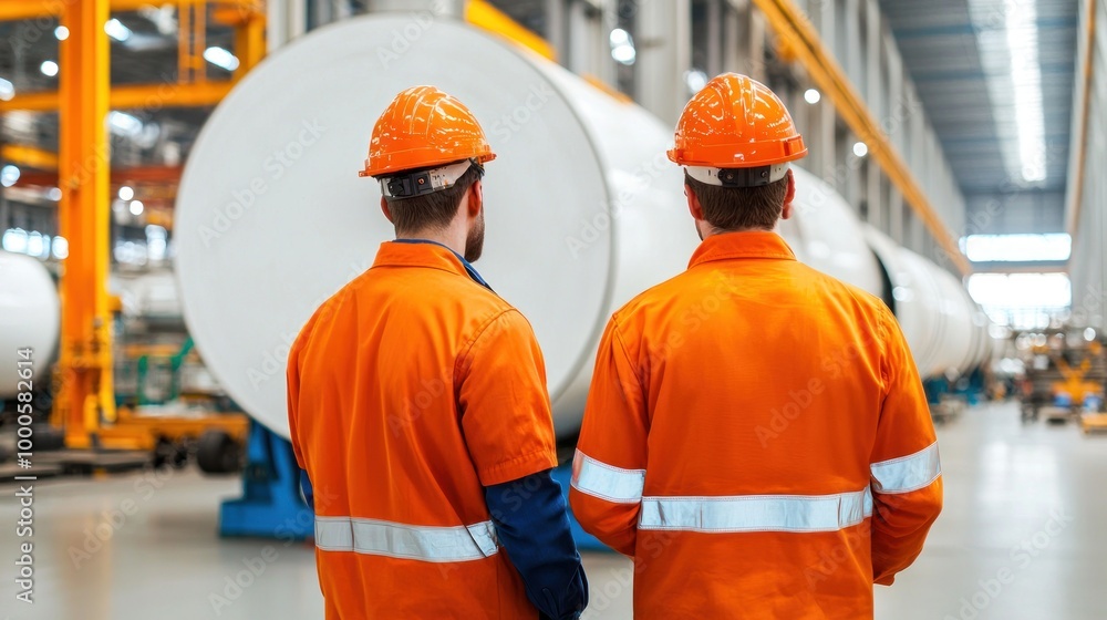 Two workers in orange safety gear and helmets stand in a large ...