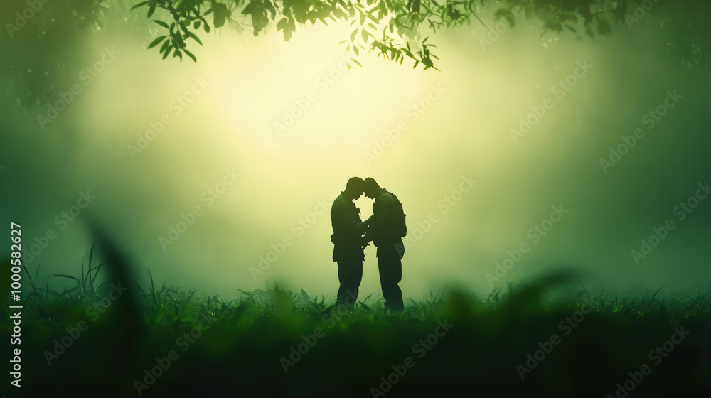 an intimate scene of soldiers helping each other in the midst of conflict. One soldier tends to the wounds of another under the cover of the jungle canopy, their faces etched with fatigue but filled w an intimate scene of soldiers helping each other in the midst of conflict. One soldier tends to the wounds of another under the cover of the jungle canopy, their faces etched with fatigue but filled w
