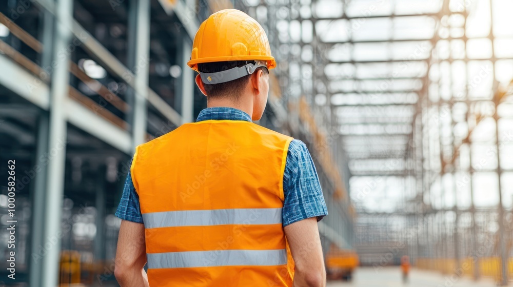 A construction worker in an orange safety vest and helmet, observing a framework of a building under construction. A construction worker in an orange safety vest and helmet, observing a framework of a building under construction.