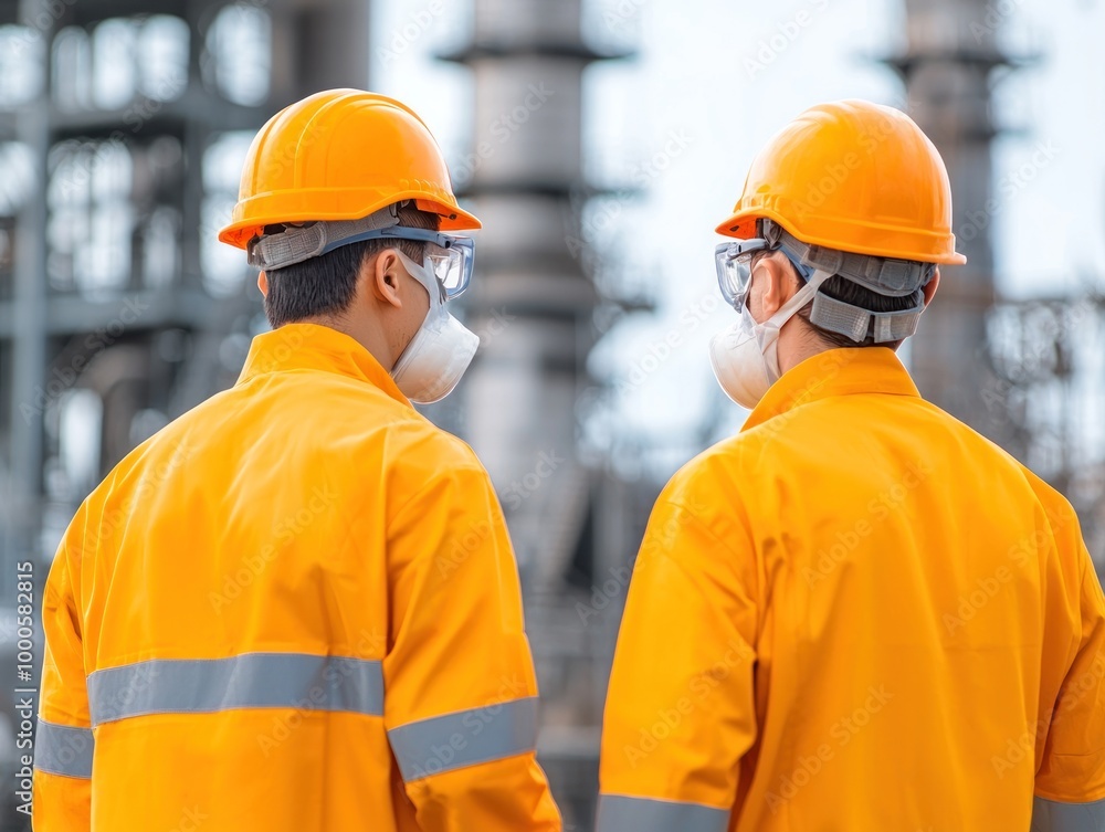 Two construction workers in orange safety gear and helmets observe an industrial site, emphasizing safety and teamwork. Two construction workers in orange safety gear and helmets observe an industrial site, emphasizing safety and teamwork.