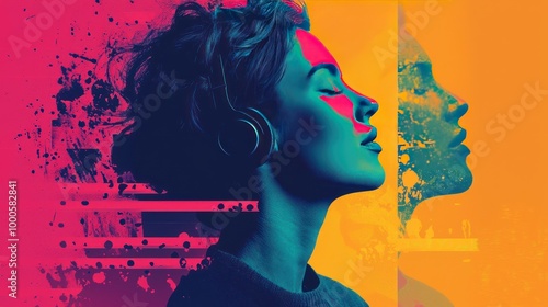 A vibrant, artistic image of a woman with headphones, showcasing abstract colors and dual profiles, symbolizing music and emotion.