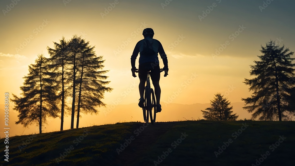 Fototapeta premium A Cyclist Enjoys a Sunset Ride While Silhouetted Against a Mountain Backdrop in a Tranquil Evening Setting