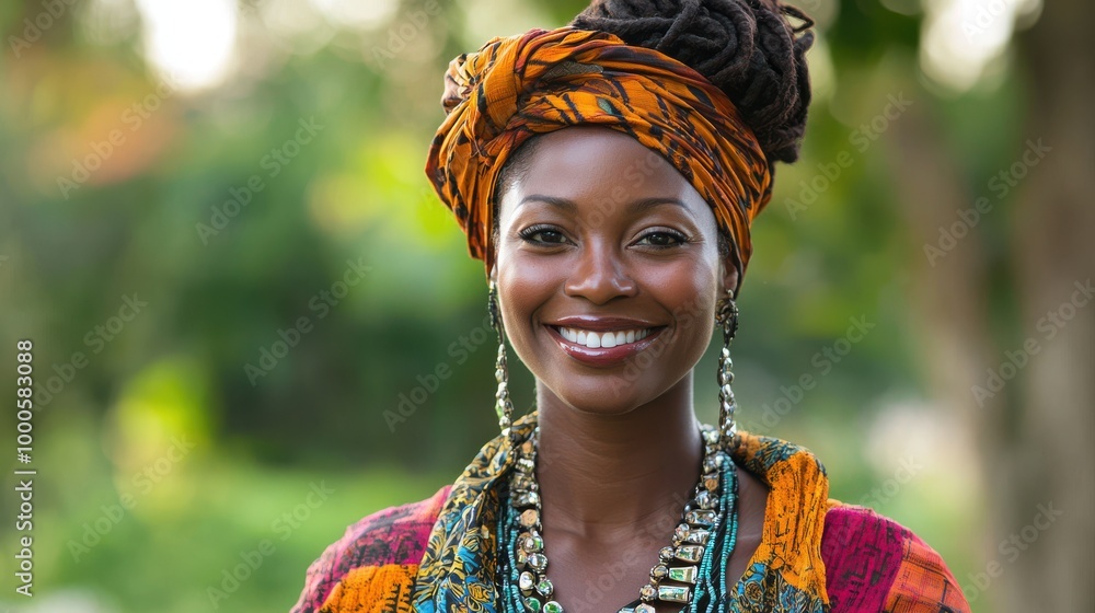 Fototapeta premium Beautiful African Woman in Traditional Headscarf and Jewelry