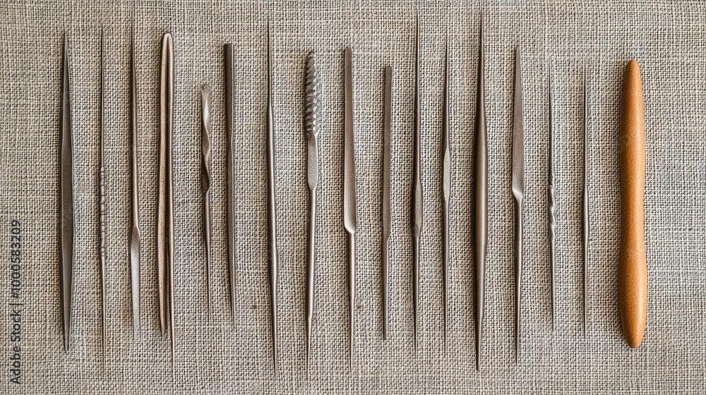 A collection of various sewing needles of different sizes, laid out on a textured fabric background. A collection of various sewing needles of different sizes, laid out on a textured fabric background.