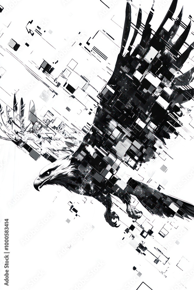 A black and white illustration of an eagle in flight, with a digital, geometric background. A black and white illustration of an eagle in flight, with a digital, geometric background.