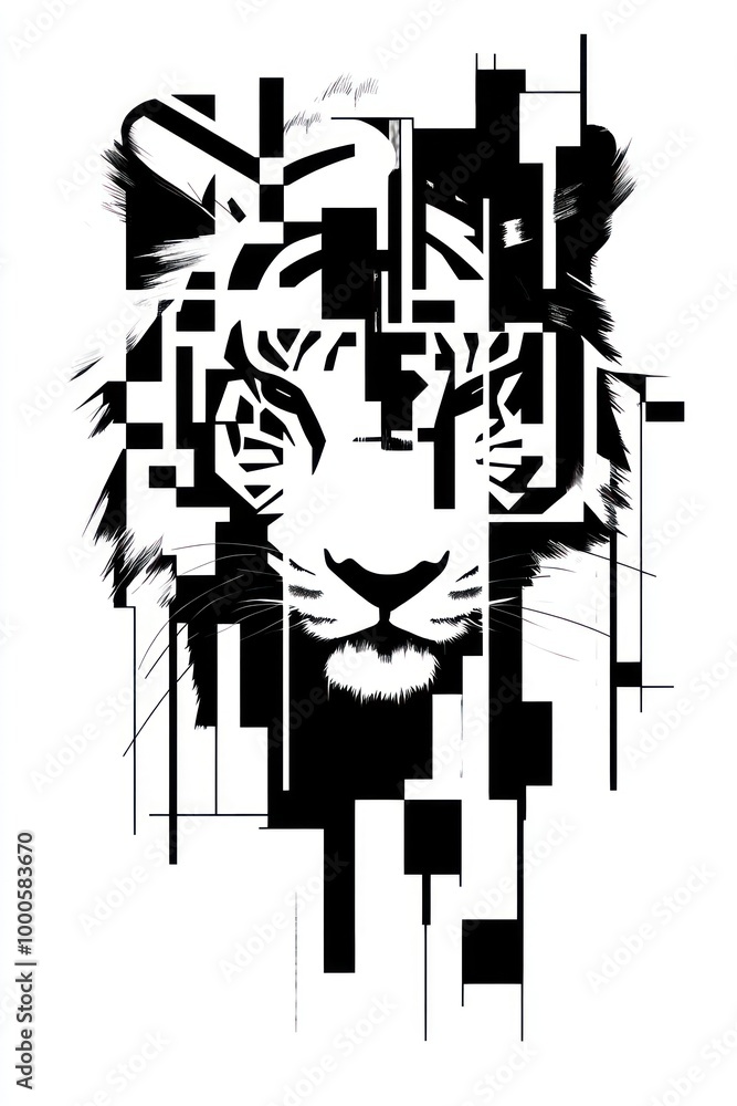 Fototapeta premium A black and white digital illustration of a tiger's face with geometric shapes and lines overlaying the image.