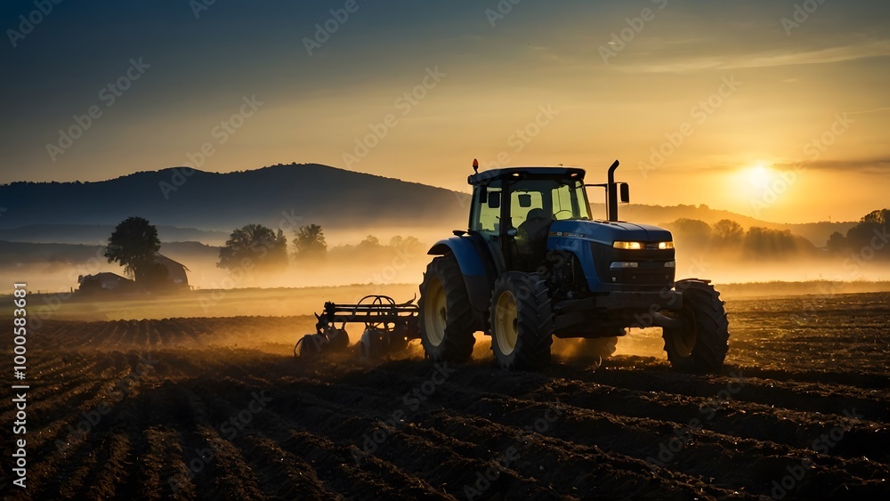 Fototapeta premium Tractor Plowing Fields at Dawn With a Golden Sunrise Over Misty Hills in Rural Landscape