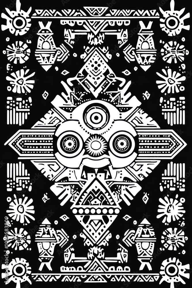 Black and white abstract pattern with geometric shapes and a central face. Black and white abstract pattern with geometric shapes and a central face.