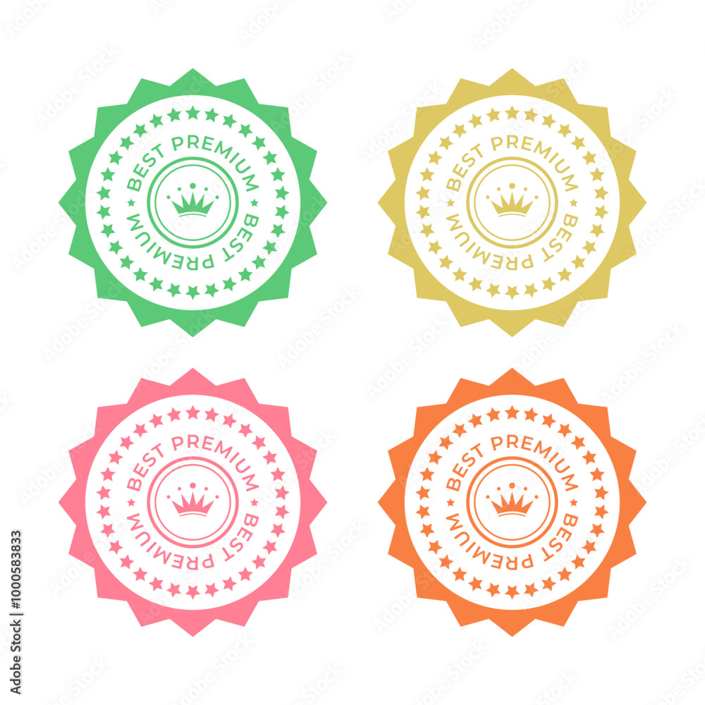 Four circular seals featuring crown, stars, Best Premium text suitable for luxury branding and certificate Four circular seals featuring crown, stars, Best Premium text suitable for luxury branding and certificate