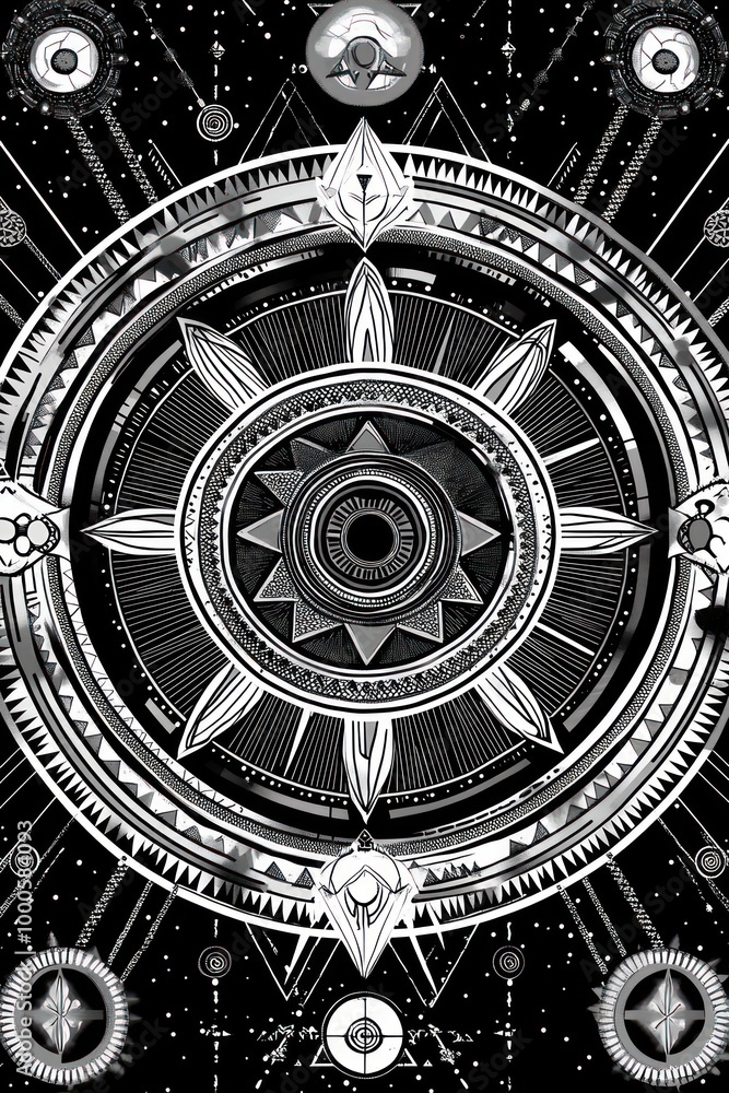 Obraz premium Black and white abstract design with a central star and a circle.