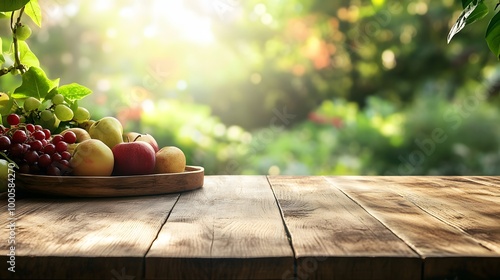 Fototapeta Naklejka Na Ścianę i Meble -  3. A beautifully crafted wooden table adorned with a plate of fresh fruits, set against a backdrop of blurred greenery and vibrant garden colors