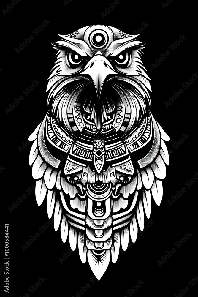 Obraz premium A detailed illustration of an eagle's head with a decorative pattern around its neck, feathers, and eyes.