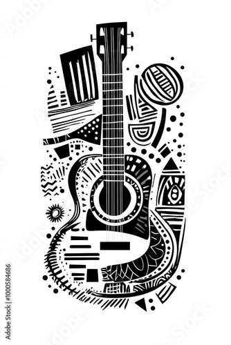 A black and white illustration of a guitar with abstract shapes and patterns.