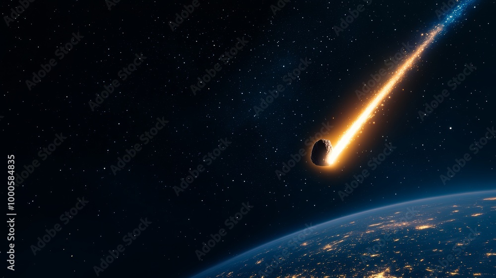 Obraz premium Large asteroid is approaching earth against background of endless space. Blazing asteroid hurtling towards Earth with glowing fire trail, cosmic view illuminated cities visible on planet's surface