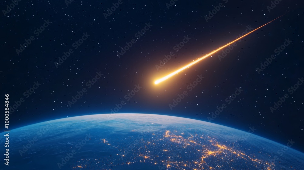 Obraz premium Large asteroid is approaching earth against background of endless space. Blazing asteroid hurtling towards Earth with glowing fire trail, cosmic view illuminated cities visible on planet's surface