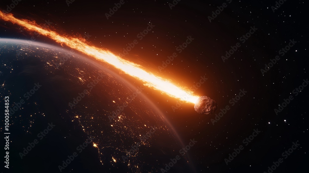 Large asteroid is approaching earth against background of endless space. Blazing asteroid hurtling towards Earth with glowing fire trail, cosmic view illuminated cities visible on planet's surface Large asteroid is approaching earth against background of endless space. Blazing asteroid hurtling towards Earth with glowing fire trail, cosmic view illuminated cities visible on planet's surface