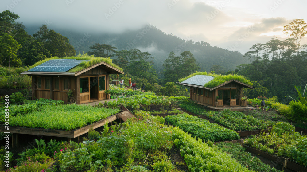 Two eco-friendly wooden cabins with green roofs and solar panels are surrounded by lush vegetation and mountains on a foggy morning. Two eco-friendly wooden cabins with green roofs and solar panels are surrounded by lush vegetation and mountains on a foggy morning.
