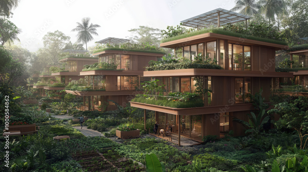 Modern eco-friendly homes with lush rooftop gardens and surrounding green spaces, nestled in a serene tropical environment, promoting sustainable living and harmony with nature. Modern eco-friendly homes with lush rooftop gardens and surrounding green spaces, nestled in a serene tropical environment, promoting sustainable living and harmony with nature.