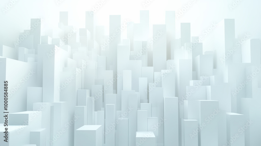 Abstract illustration of a white cityscape with tall, minimalistic buildings against a bright, slightly foggy background. Abstract illustration of a white cityscape with tall, minimalistic buildings against a bright, slightly foggy background.