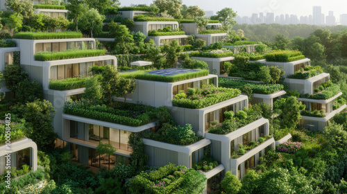 Modern terraced buildings feature lush green roofs and abundant plant life, blending seamlessly with the surrounding forest and providing an eco-friendly living environment.