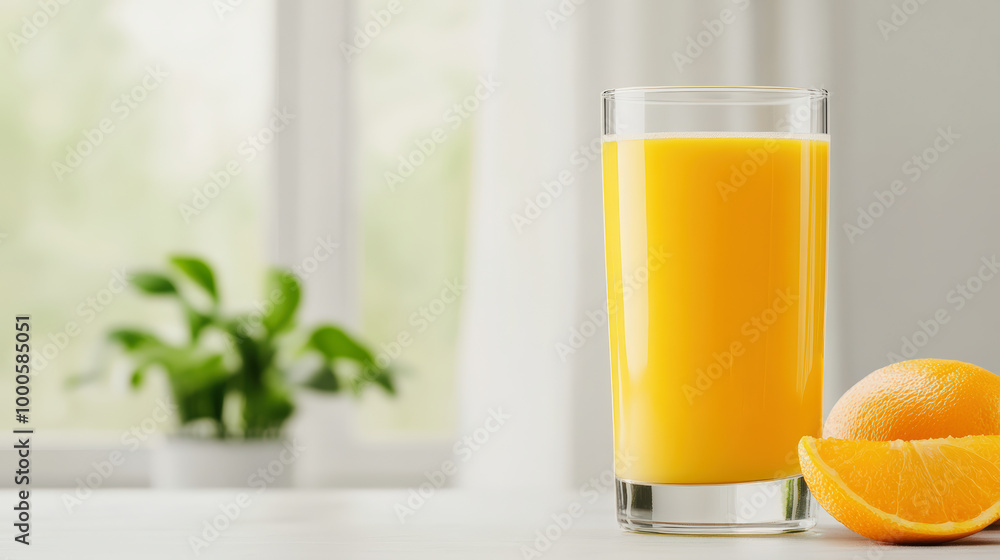 A glass of fresh orange juice sits on a white table, accompanied by orange slices, with a blurred green plant in the background. A glass of fresh orange juice sits on a white table, accompanied by orange slices, with a blurred green plant in the background.