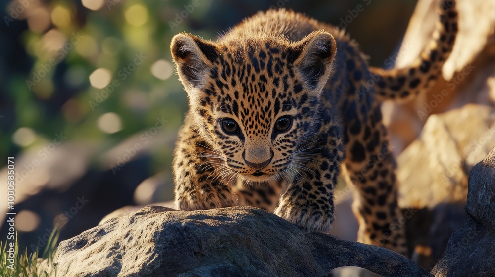 Obraz premium A leopard cub exploring its environment, climbing over rocks and learning to navigate the wild.