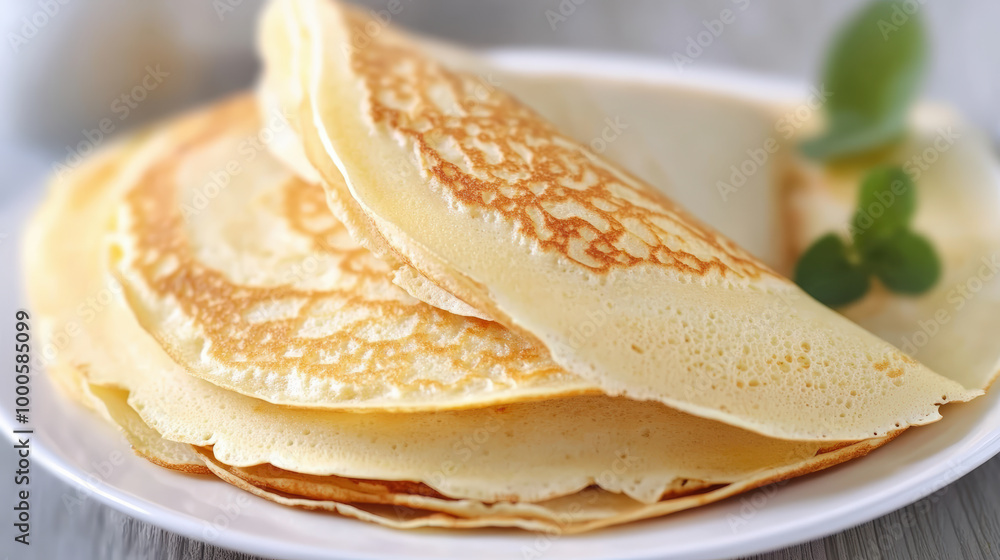 Close-up of folded, golden-brown crepes on a white plate, garnished with a sprig of fresh greenery. Delicious breakfast or dessert option. Close-up of folded, golden-brown crepes on a white plate, garnished with a sprig of fresh greenery. Delicious breakfast or dessert option.