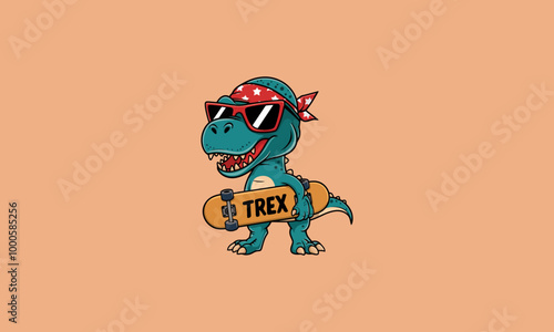 Cool T Rex wearing sunglasses and holding a skateboard