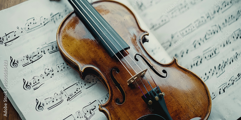 A beautifully crafted violin rests on an open sheet of music, generative AI A beautifully crafted violin rests on an open sheet of music, generative AI
